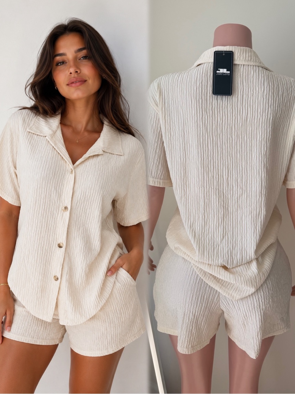 Textured Cream Button-Up Short Set